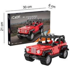 CaDA Adventure Off-Roader Jeep construction set features a red toy car with black wheels and roof rack on black cardboard pac