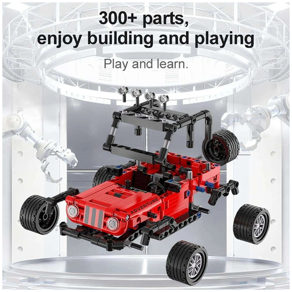 Red CaDA Adventure Off-Roader Jeep construction set with black wheels on a white surface, featuring 300+ parts for building.