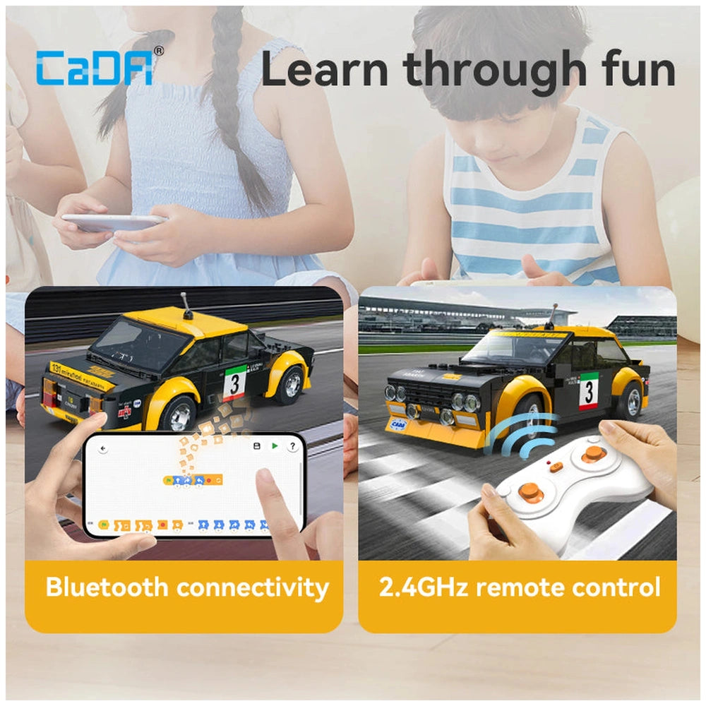 CaDA Blade Fiat Abarth 131 construction set features a child playing with a plastic toy car in a blurred lifestyle scene.