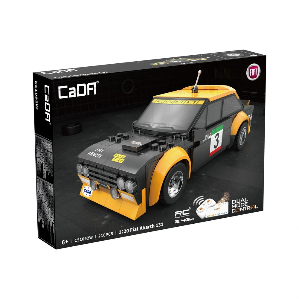 CaDA Blade Fiat Abarth 131 construction set in black cardboard packaging with a plastic window showcasing various toy parts.
