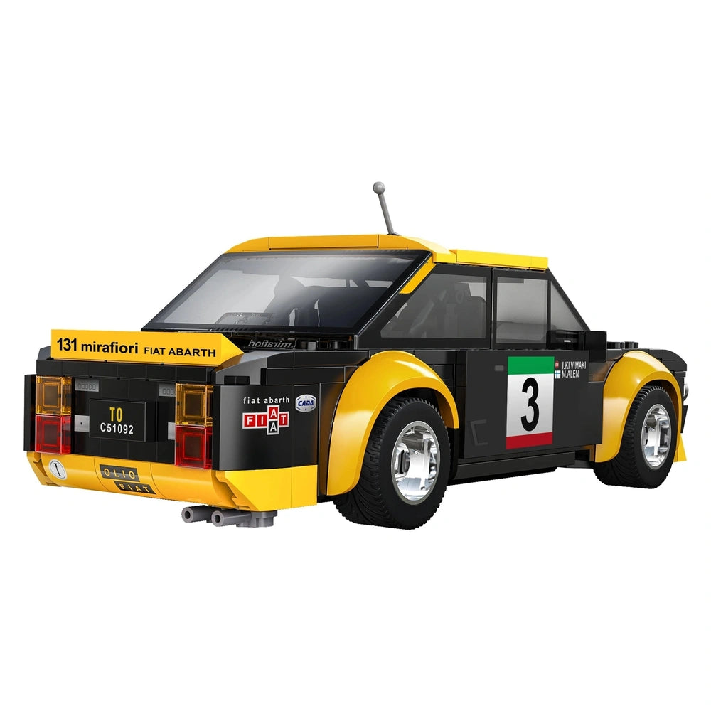 CaDA Blade Fiat Abarth 131 construction set features a yellow vehicle with black accents, transparent windows, and silver hub