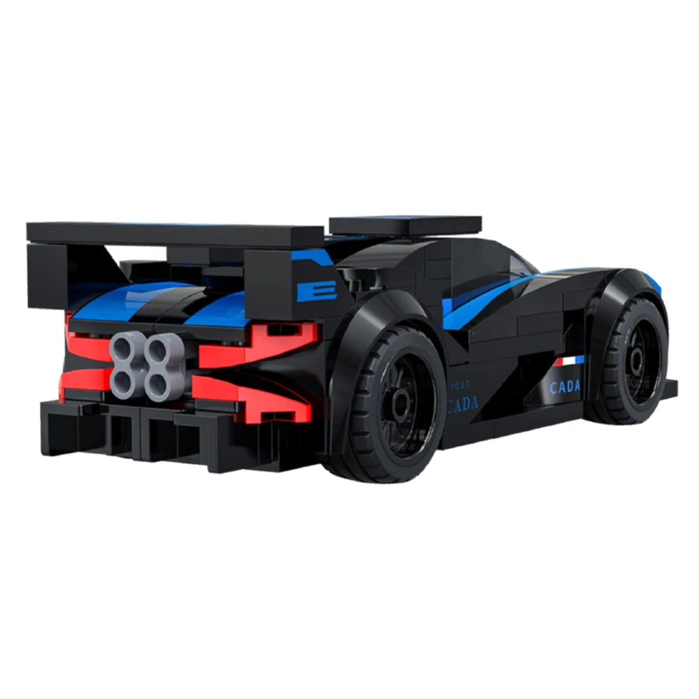 Cada Bluefire Specter car toy model in shiny black plastic with red accents, silver hubcaps, and blue-striped roof.