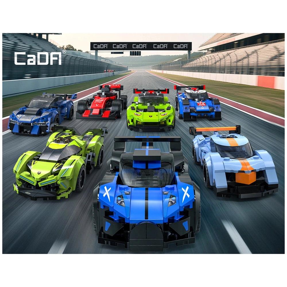 Cada Bluefire-Specter-Car construction set features glossy cars in blue, green, and red racing on a smooth, dark asphalt trac