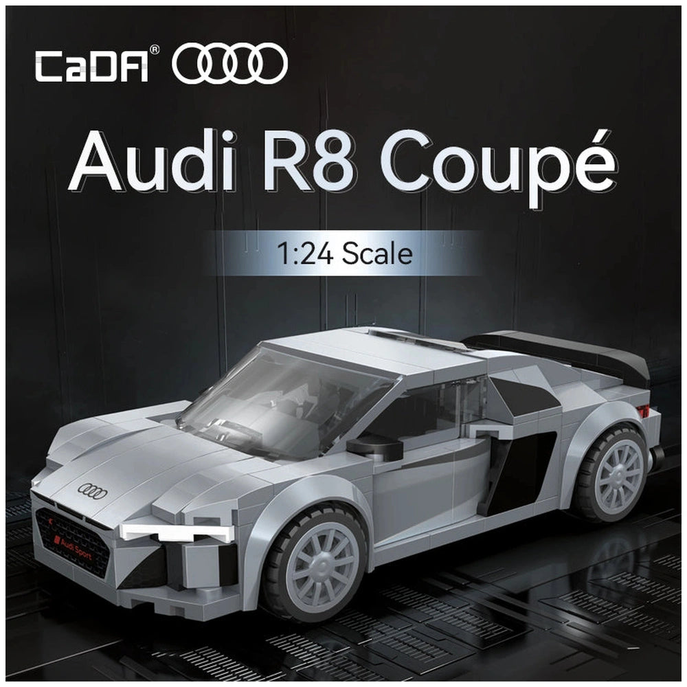 Cada Bricks 1:24 Audi R8 Coupe in silver with black accents, featuring glossy body, matte roof, and transparent windows.
