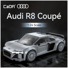 Cada Bricks 1:24 Audi R8 Coupe in silver with black accents, featuring glossy body, matte roof, and transparent windows.