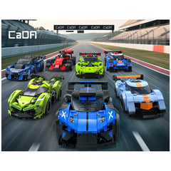 CaDA Chrono Blade Car C55056W set features five glossy cars in green, blue, red, and black on an asphalt track.