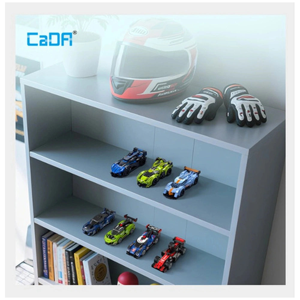 CaDA Chrono Blade Car C55056W construction set featuring a blue car, red, white, and yellow cars, with a matte cardboard box.