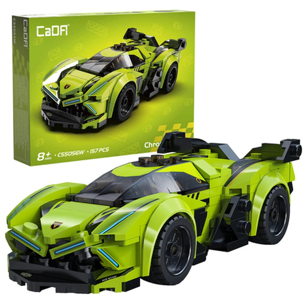 CaDA Chrono Blade Car C55056W construction set in green and black plastic with 157 pieces and a cardboard box.