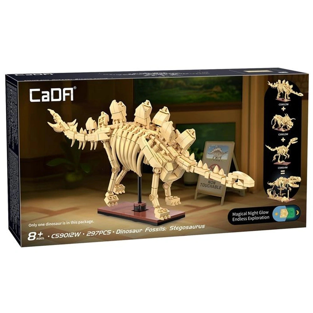 Dinosaur Fossil Stegosaurus construction set in beige, displayed in black packaging with white text and clear window.