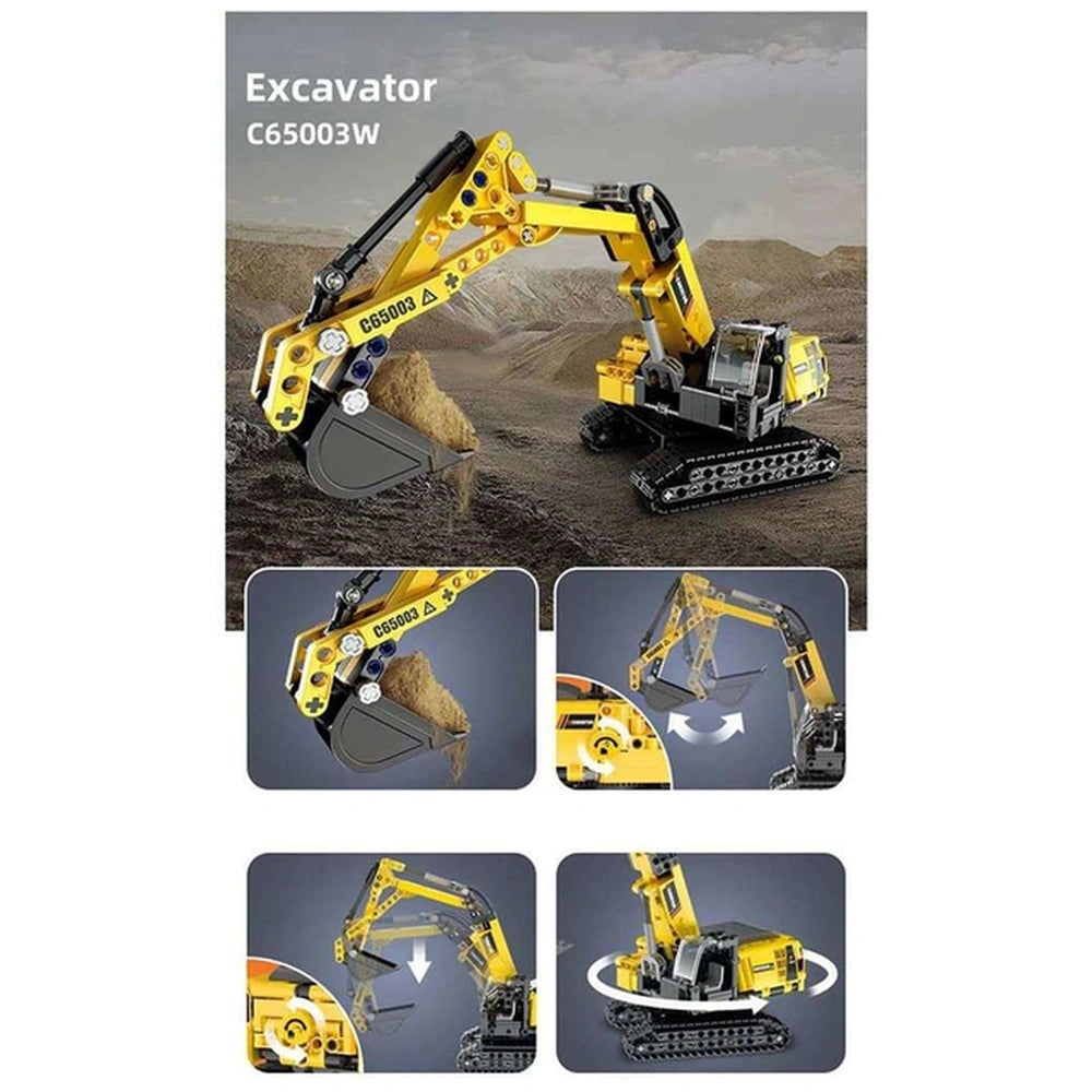 CaDA Excavator 360 Rotation construction set toy in yellow with wheels, arm, bucket, and tracks on a gray background.