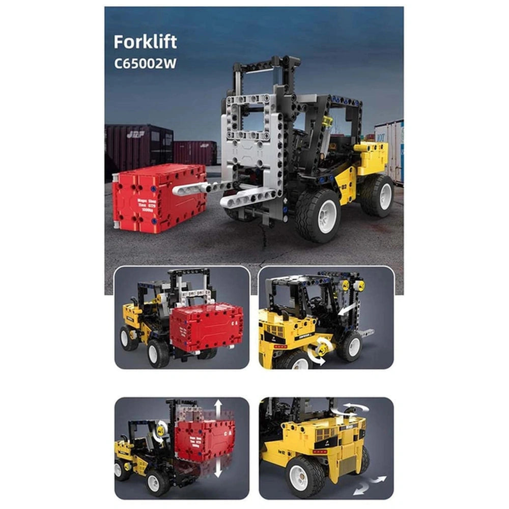CaDA Forklift Truck toy in yellow and black with metallic finish, red box, black tires, and gray bumpers and grilles.