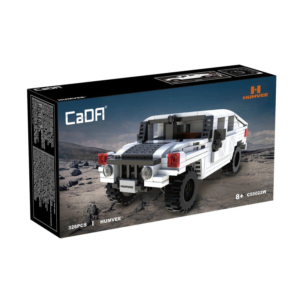 CaDA Humvee C-Series car construction set in white with black accents, featuring a red light and multiple black components.