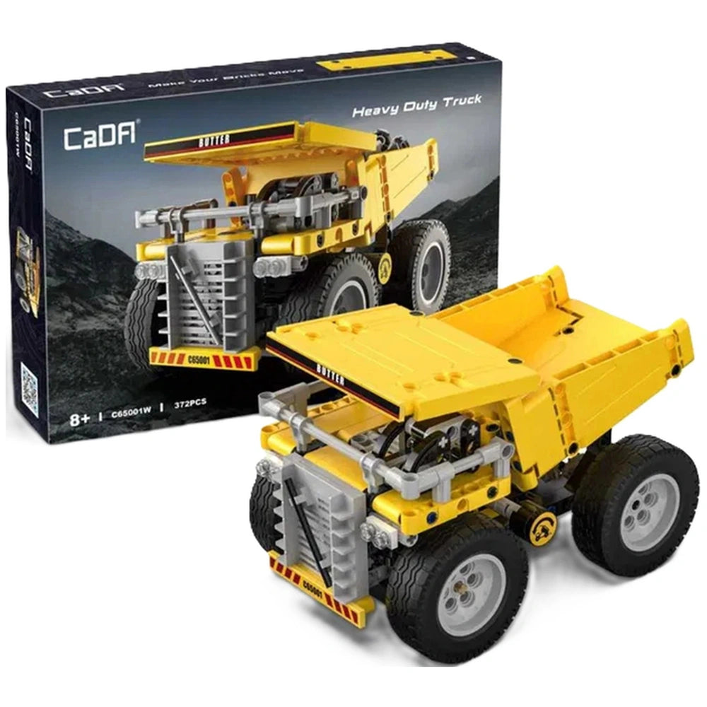 CaDA Mining Heavy Duty Truck construction set features a yellow plastic body, black tires, and detailed black accents.