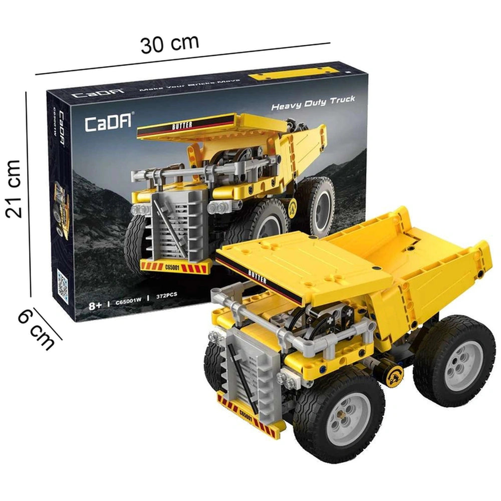 CaDA Mining Heavy Duty Truck construction set features a yellow and black toy vehicle with multiple loaders on a cardboard bo