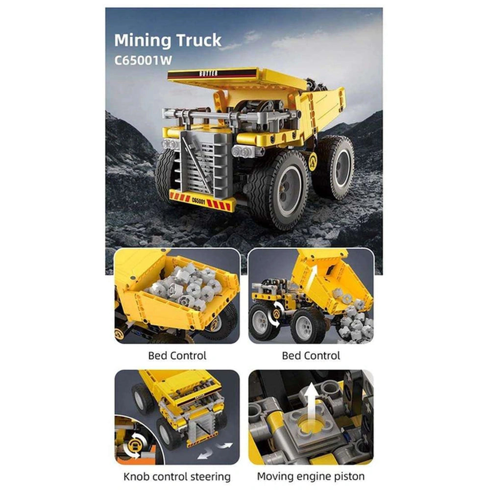 CaDA Mining Heavy Duty Truck toy in yellow plastic with black tires and a visible silver engine piston, featuring bed control