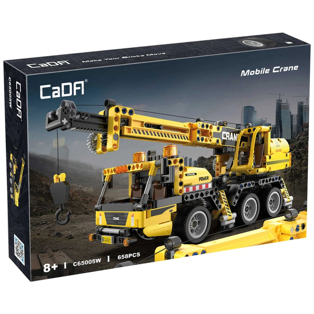 CaDA Mobile Crane Truck construction set features a yellow crane with black and orange accents, displayed in retail packaging