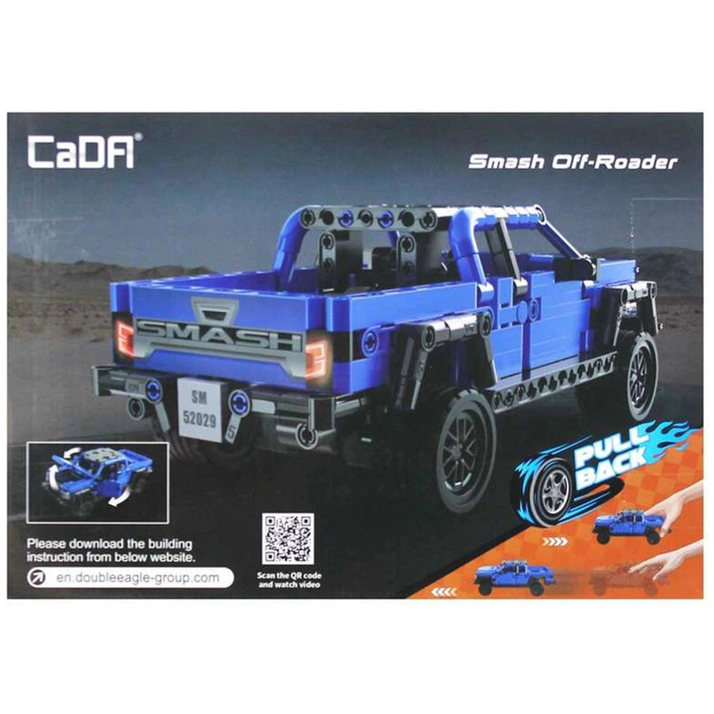 CaDA Smash Off-Roader Pickup construction set features a blue plastic truck with black wheels and clear windows on retail pac