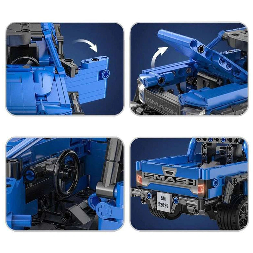 CaDA Smash Off-Roader Pickup construction set features a blue plastic frame, black wheels, gray suspension, and clear windows