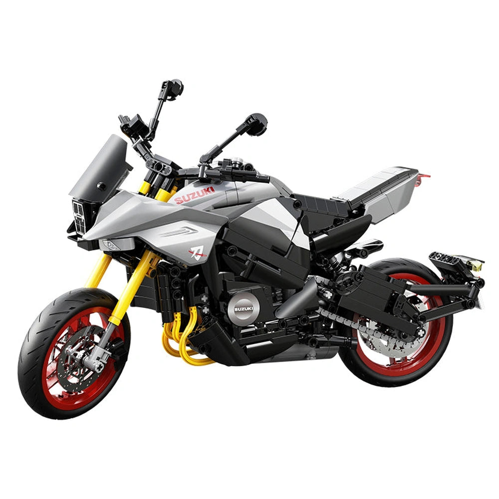 CaDa Suzuki Katana motorcycle construction set features a matte gray body, chrome exhaust, and glossy red-accented wheels.