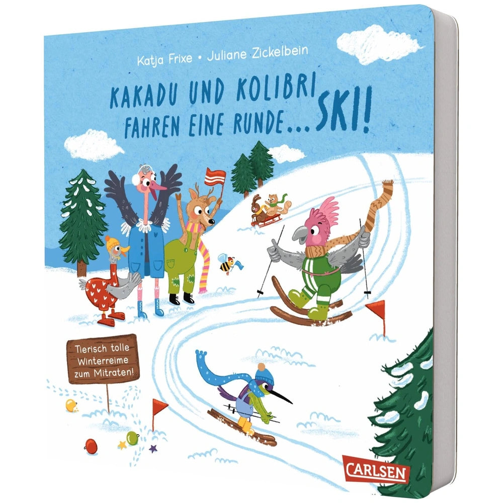 Kakadu Fun Winter Rhyme Book features cartoon animals skiing on snow with colorful flags, trees, and clouds in a vibrant scen