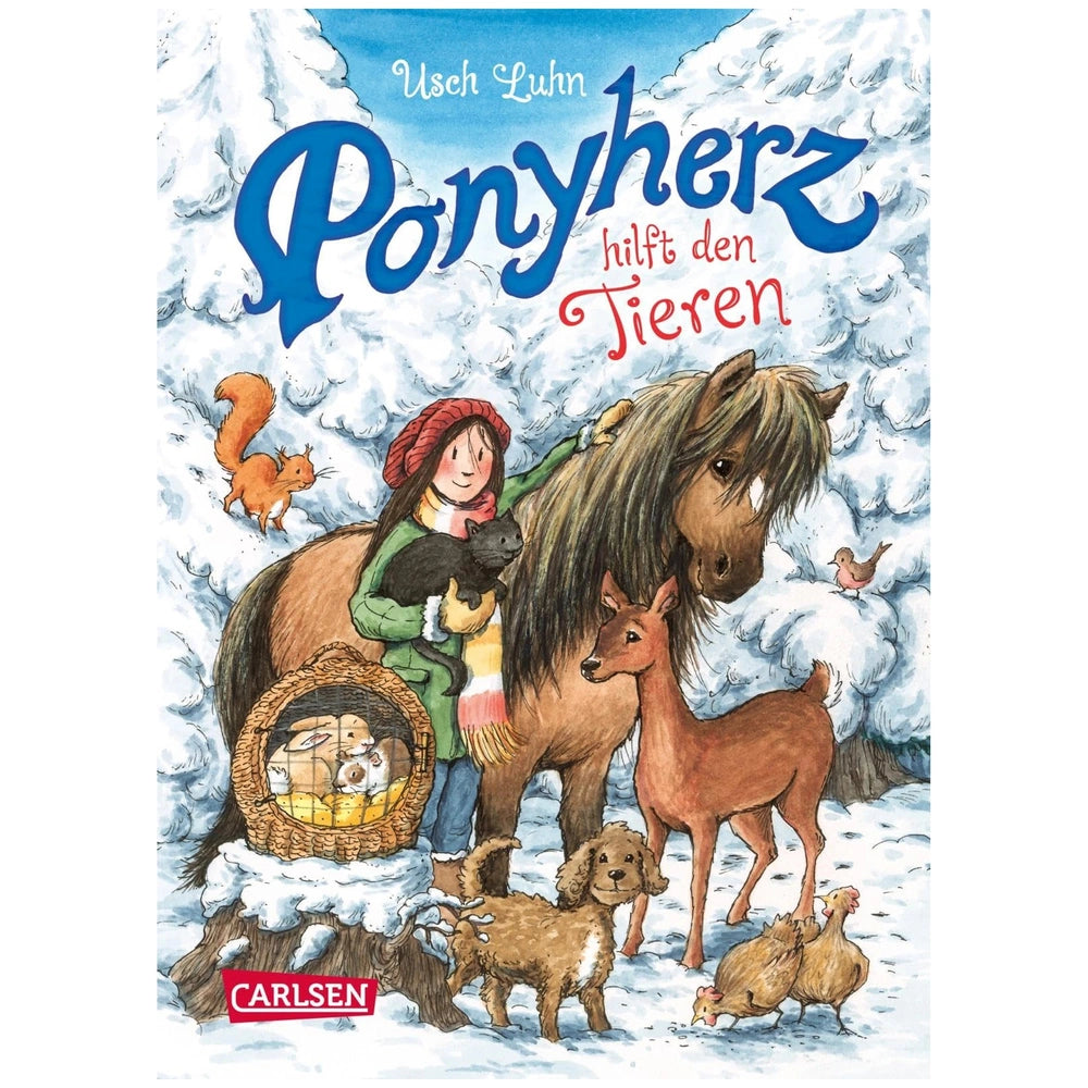 CARLSEN Pony Heart book cover featuring a girl in a red hat, a brown horse, dog, chickens, and a snowy landscape.