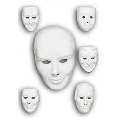 Five white adult paintable masks with a matte finish for creative fun and imaginative role-playing.