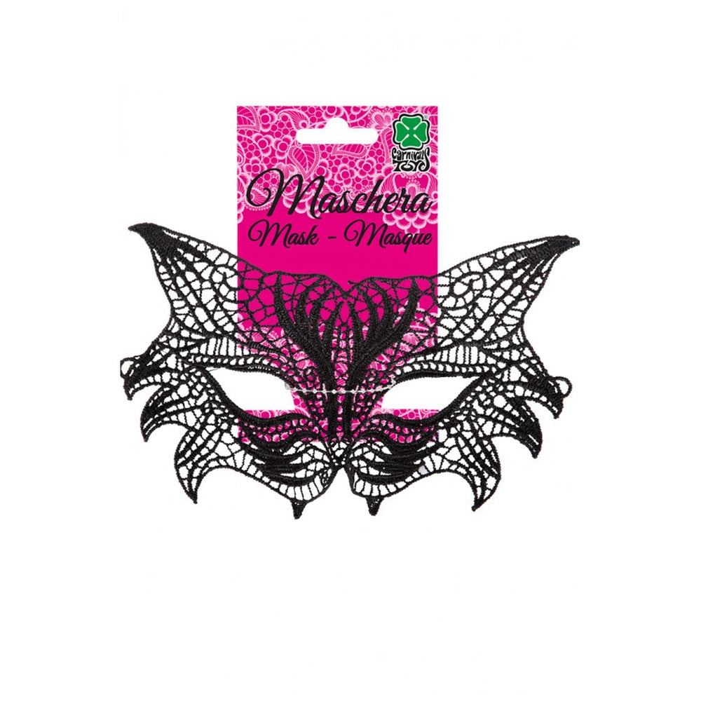 Black cat fabric mask with pink and white details, packaged in a rectangular white background with "Maschera Mask - Masque" t