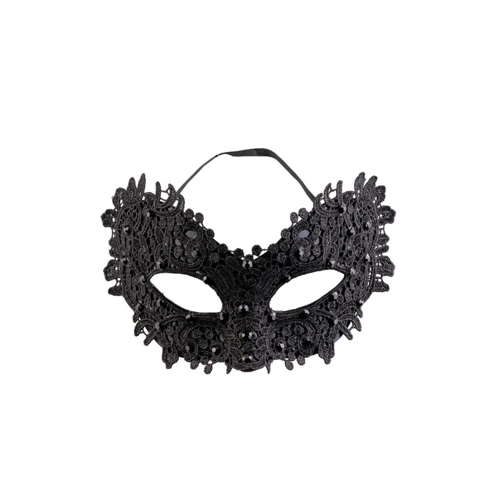 Black lace mask with rhinestones, featuring textured fabric, glossy finish, two eye holes, nose bridge, and mouth opening.