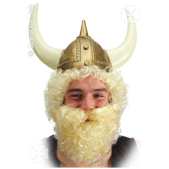 Blonde beard costume accessory featuring a Viking helmet and a white fur beard for fun dress-up and role-playing.
