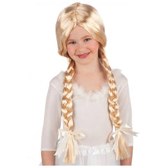 Blonde wig for kids with braids worn by a girl in a white dress with ruffle trim against a plain white background.