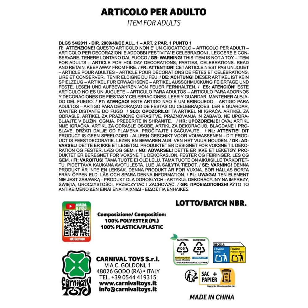 Carnival Toys Cerchietto Strega Malefica packaging features a glossy paper label with colorful icons and a plastic zipper.