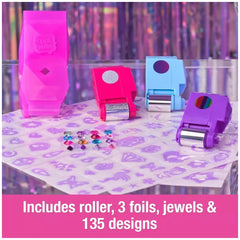 Cool Maker Shimmer Me Body Art Set Makeup displayed on a purple patterned table with crafting tools like scissors and adhesiv