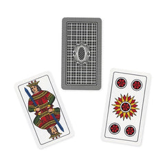 Dal Negro Bergamasche Pro Cards N.94 in red case featuring glossy playing cards with sun, sword, and crown designs.