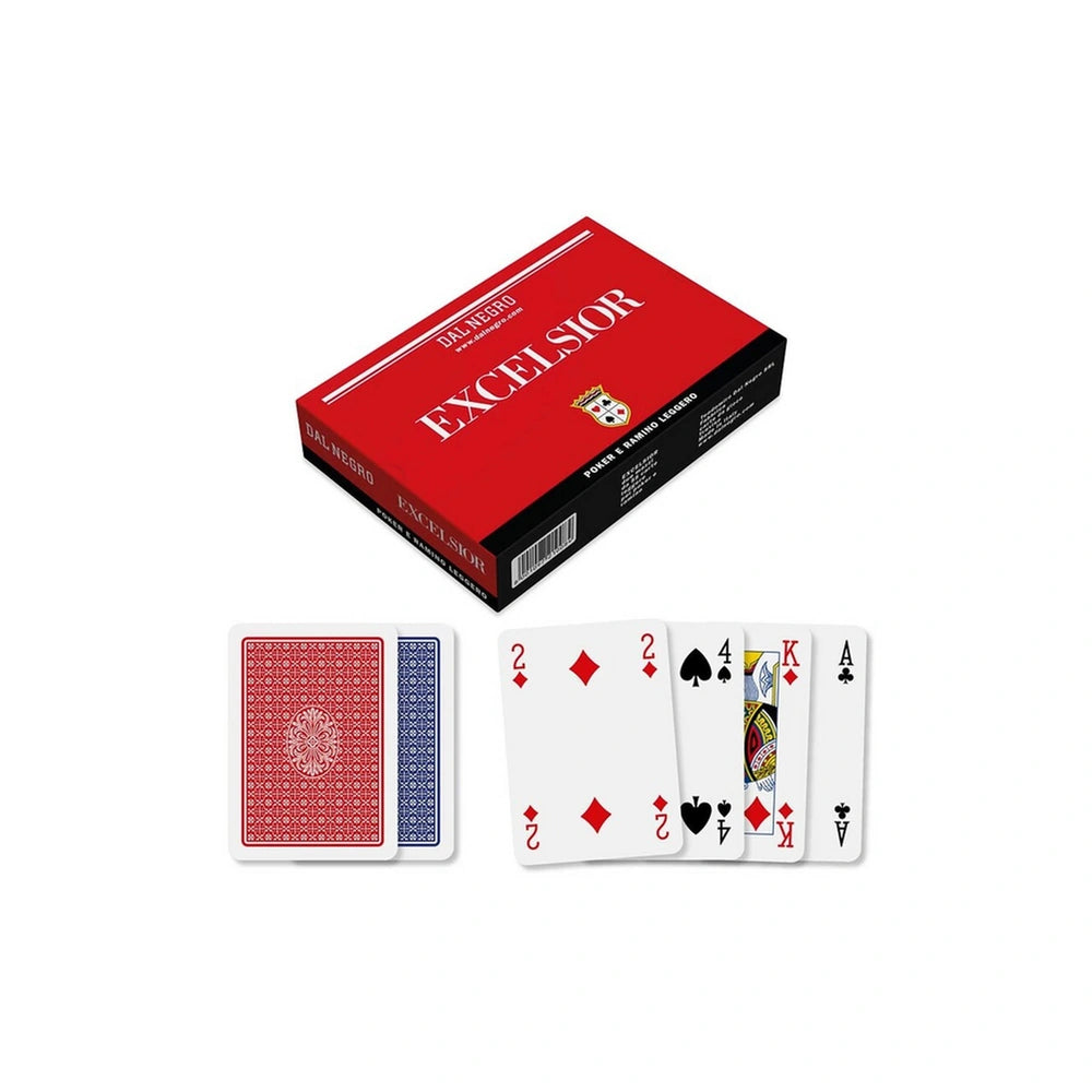 Dal Negro Excelsior Rummy Cards deck featuring blue and red cardboard box with printed game symbols and text.