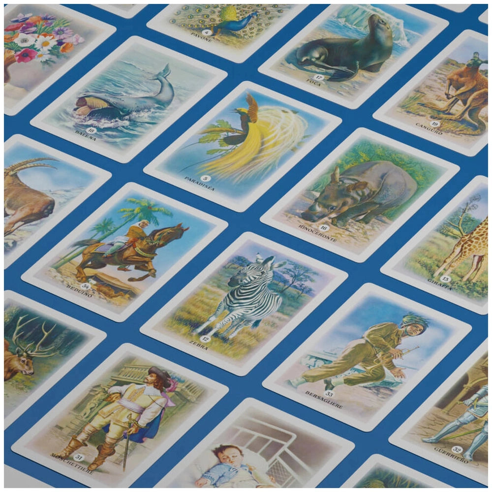 Dal Negro Il Mercante In Fiera deck with glossy white cards featuring colorful animal illustrations on a blue background.