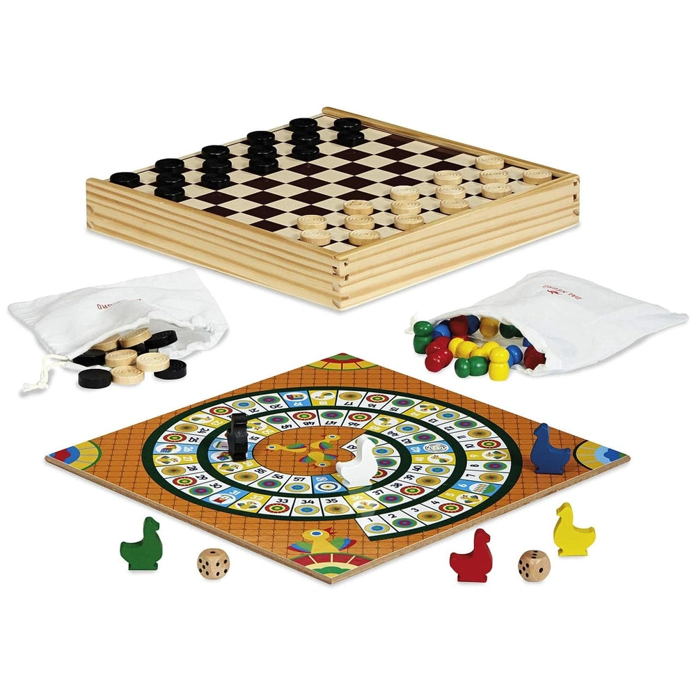Dal Negro wooden board games set featuring a checkered board and various colorful and wooden game pieces in plastic bags.