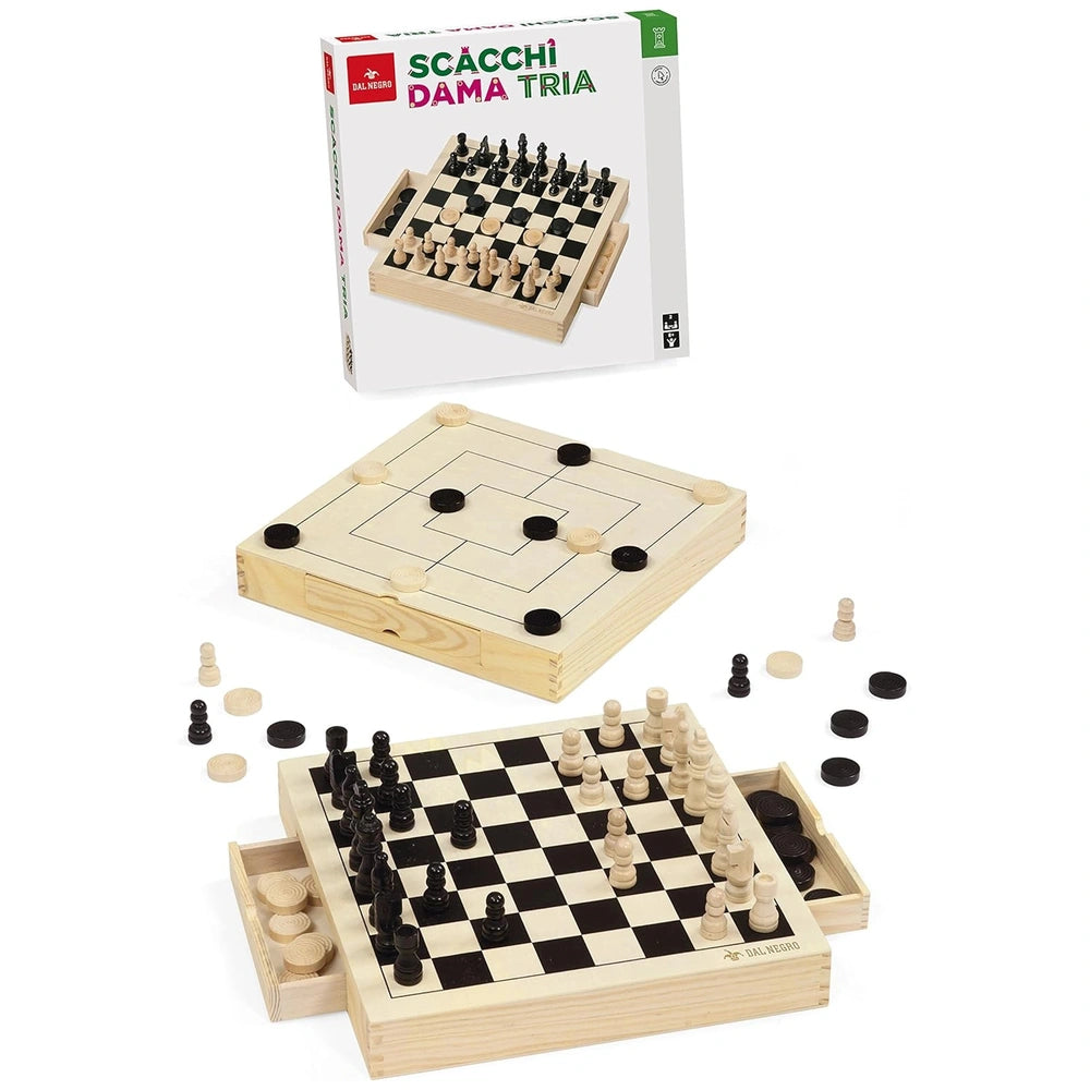 Dal Negro Tria Basic wooden board games set featuring two chess boards, black and white chess pieces, and red logo packaging.