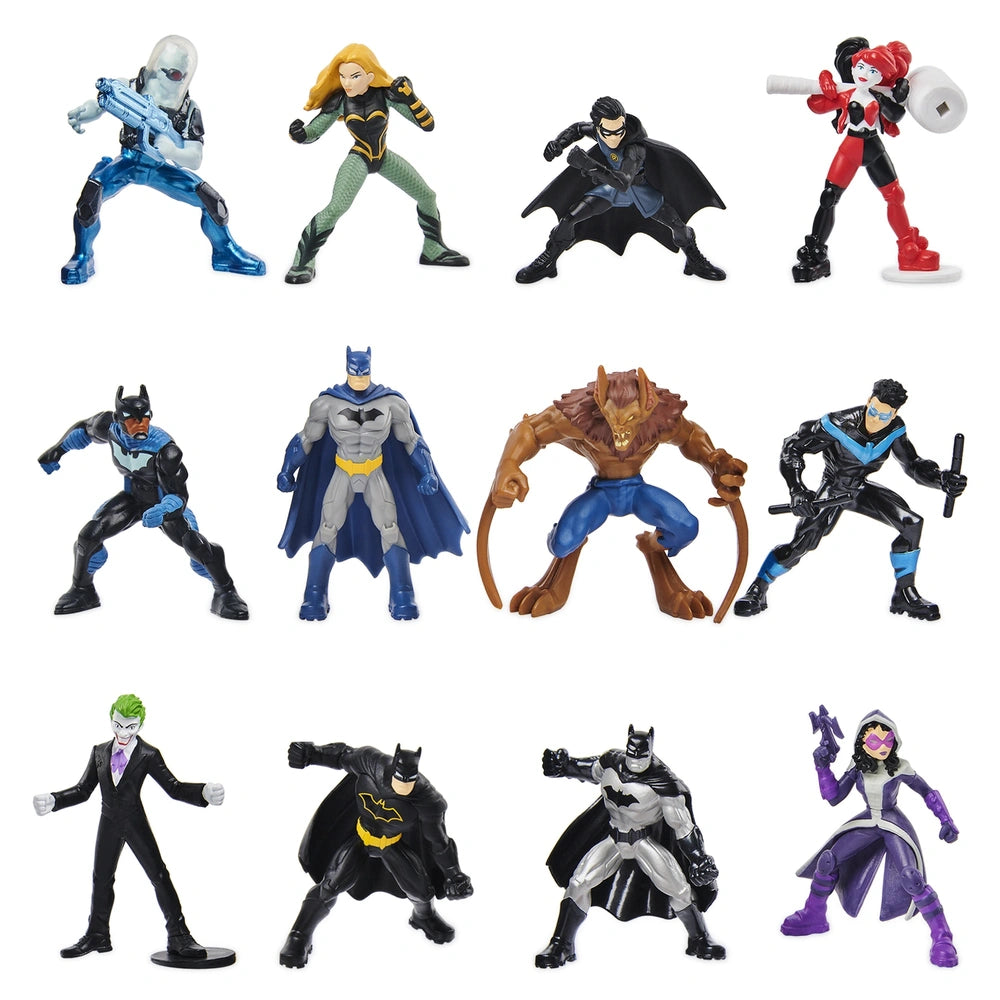 DC Comics BATMAN collectible mini figures in a grid, showcasing various characters in dynamic poses with glossy finishes.