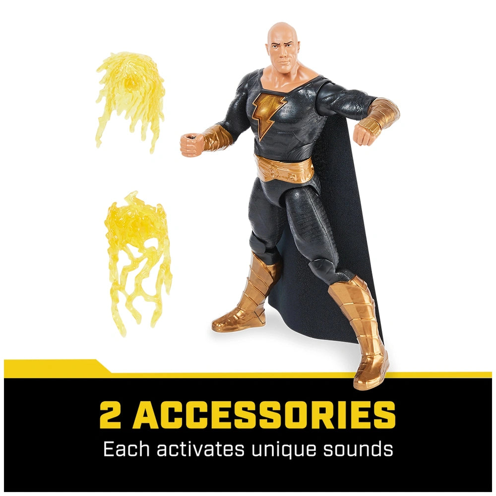DC Comics Black Adam action figure in a superhero pose, featuring a black and gold costume with a cape and sound-activating a