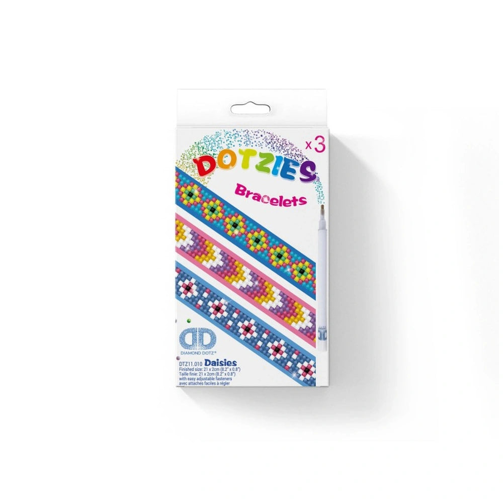 DIAMOND DOTZ Daisies DOTZIES Bracelets packaging features a colorful band, clear window, and visible text details on a white 