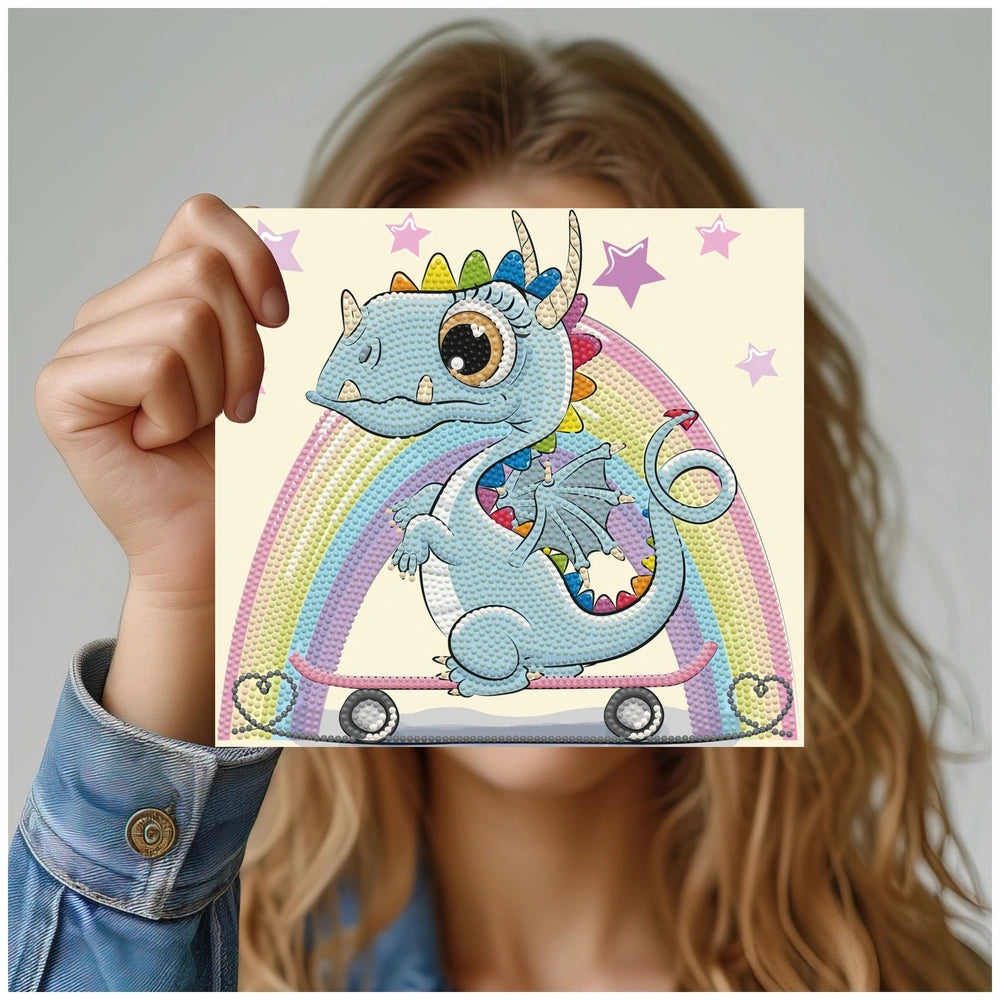 DIAMOND DOTZ Dotzies Dragon Skate diamond painting features a vibrant rainbow dragon with a blue body and colorful accents.