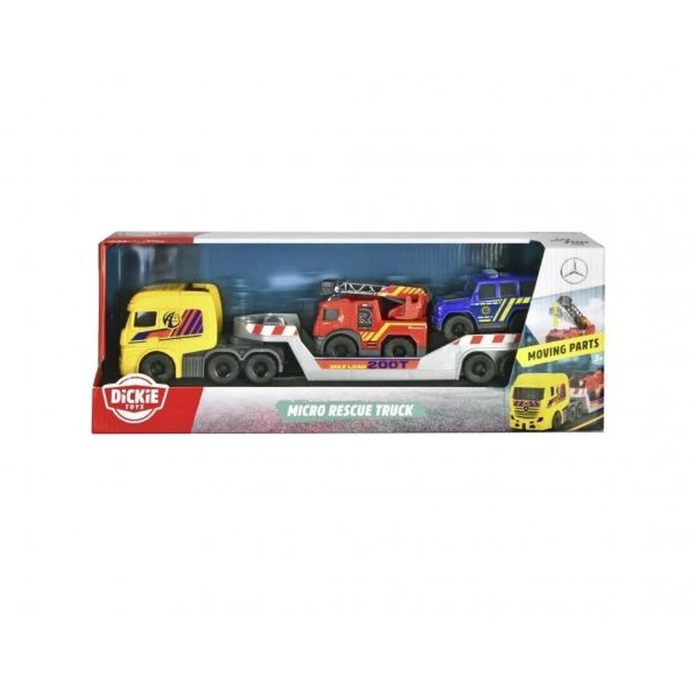 Dickie 3 In 1 Micro Rescue Truck in colorful packaging featuring a transparent plastic window and red, black, and white text.