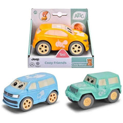Dickie Abc Cozy Friends Jeep toy car in blue and orange packaging, featuring removable roof and opening hood.