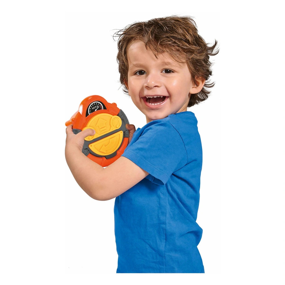 Dickie - Abc Remote Controlled Icc Porsche 911 Gt3 play vehicle with a happy child wearing a blue shirt, smiling at the camer