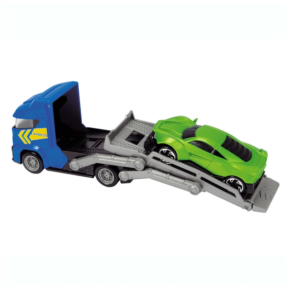 Blue Dickie car carrier truck with a green car on a gray ramp, featuring black tires and surfaces.