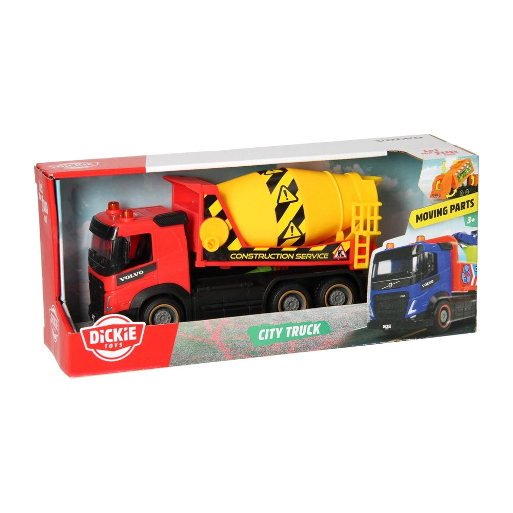 Dickie Toys City Truck in red packaging with a glossy finish, featuring a clear window and caution labels for construction se