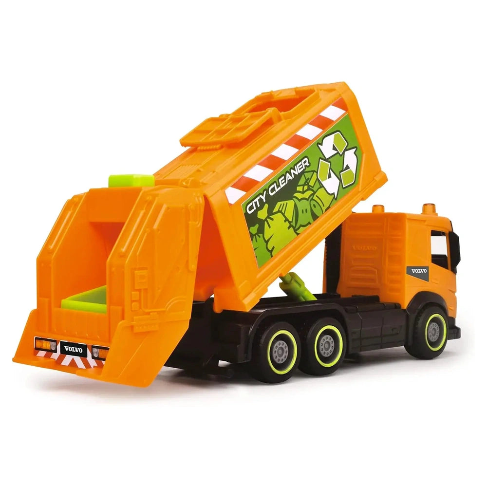 Dickie Toys City Truck in orange and green plastic with black wheels and multiple stripes on the vehicle body.