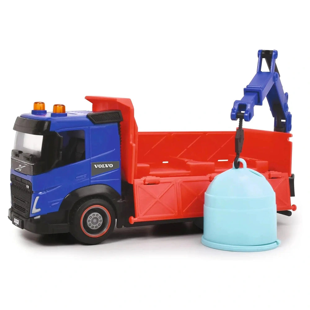 Dickie Toys City Truck in blue and red plastic with orange lights, black wheels, and detailed features, front view.