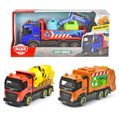 Dickie Toys City Truck in orange and black with blue cab, yellow barrel, green trash can, and recycling symbols on packaging.