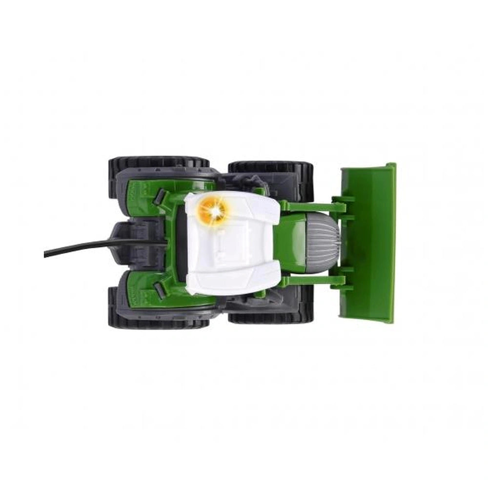 Fendt remote-controlled tractor made of matte green plastic with glossy white front panel and black rubber bumpers.